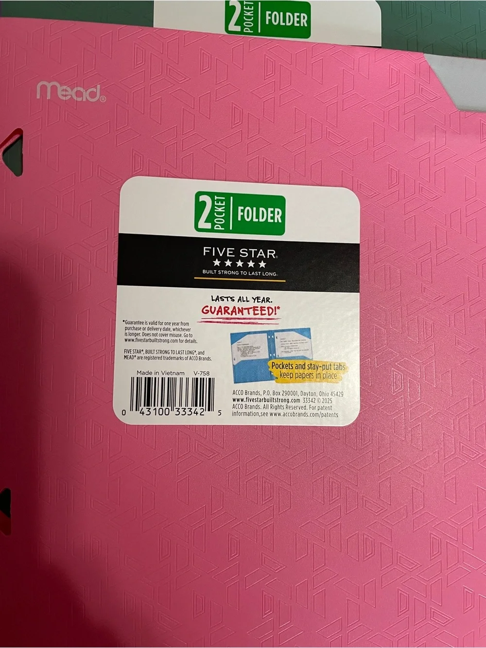 Five Star Mead 2 Pocket Folder Lot of 4 Plastic Stay Put Tabs Textured